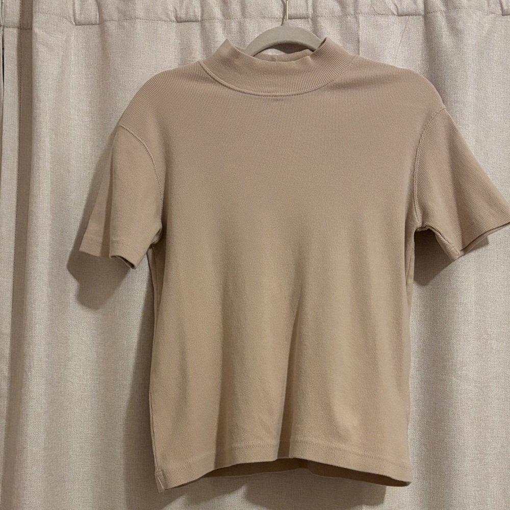 Women’s Tan Ribbed Cotton Mock Neck Short Sleeve Top